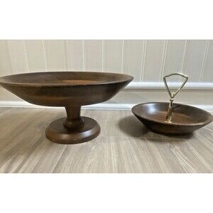 Vintage Ozark Walnutware LOT OF 2 Pedestal Stand & Handled Dish Native Wood